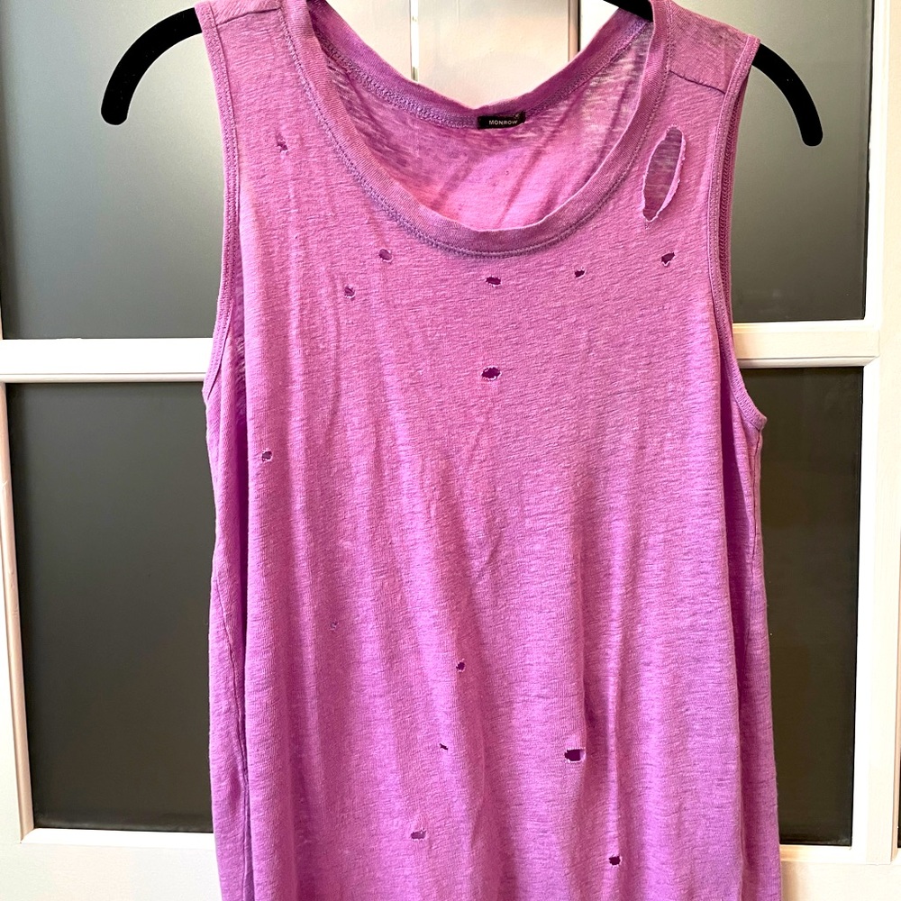 Monrow Sleeveless lavender sleeveless tee. Small, “intentional” rips size small.